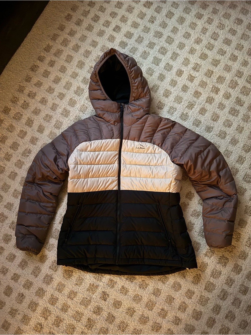 L.L. Bean Women's Hooded Colorblock Puffer Jacket - Brown, Cream & Black